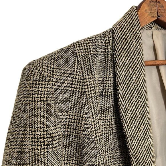 Vintage Glen Plaid Open Front Collared Long Sleeve Lined Blazer Tan Black Sz 13 - Picture 6 of 8
